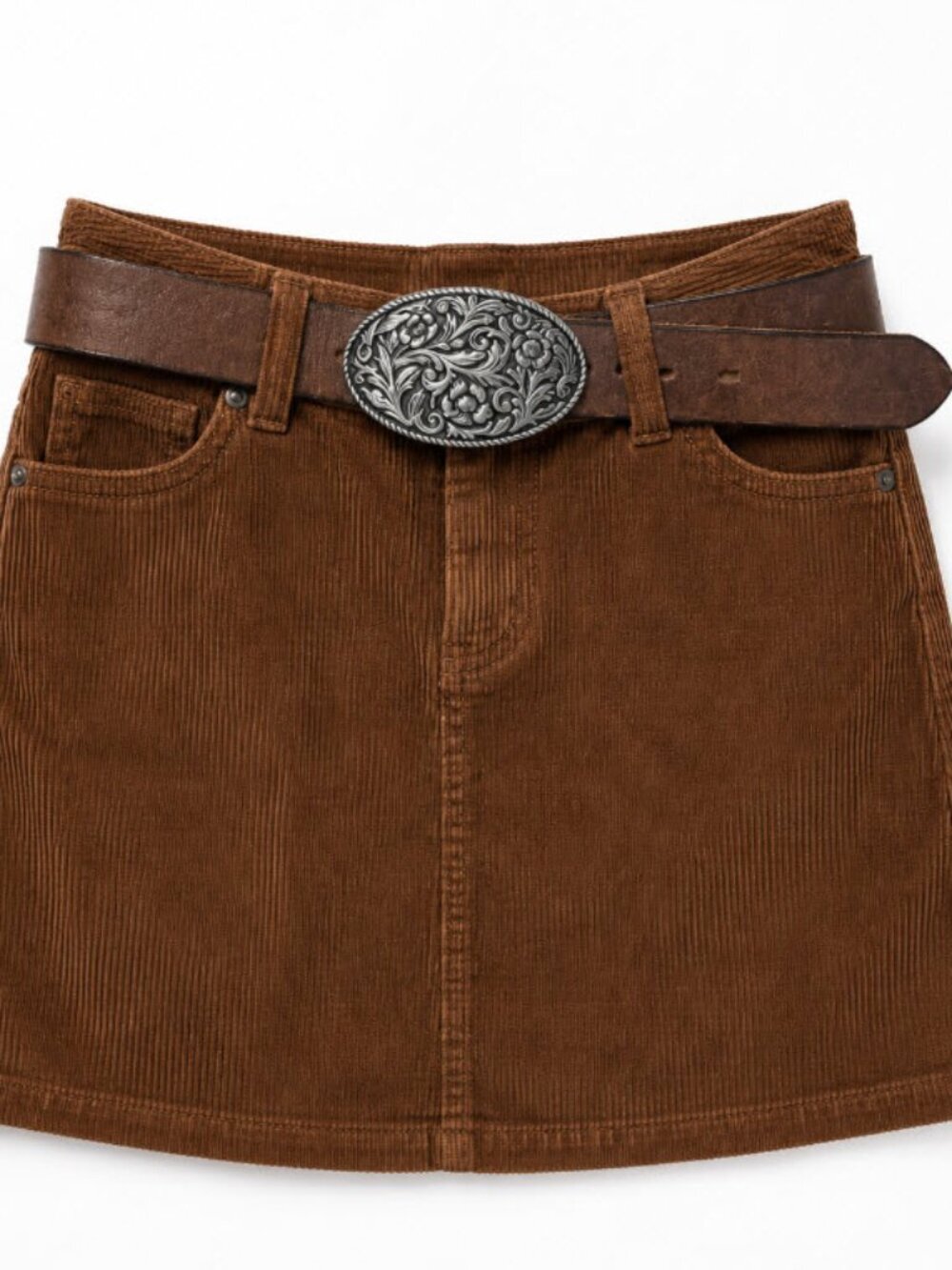 Full Grain Brown Leather Belt with Ornate Silver-Tone Floral Buckle